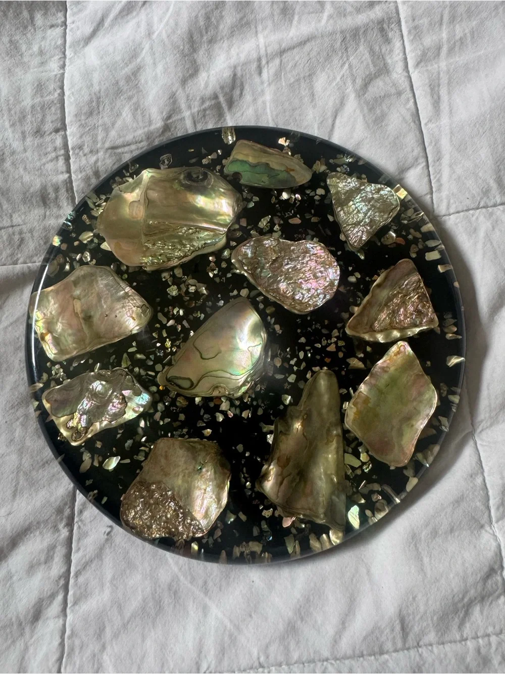 1960s Abalone Seashell Round Trivet 8” Michelle Shellcraft California Vintage